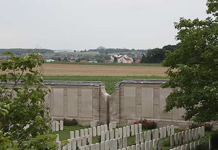 View from the viewing platform at Loos Memorial, looking east towards Loos village and the higher ground beyond it.