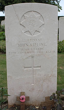 Headstone for John Kipling marking the remains of the unidentified Irish Guards' Lieutenant found on the battlefield in September 1919.