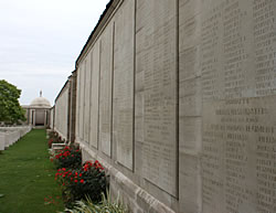 Stone panels recording the names of the missing at Loos Memorial.