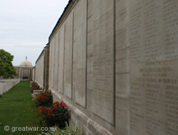 Stone panels recording the names of the missing at Loos Memorial.