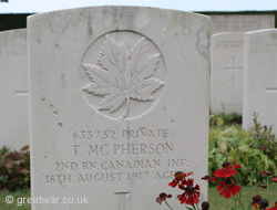 Grave of Canadian Pte T McPherson killed in August 1917 in the Battle for Hill 70.