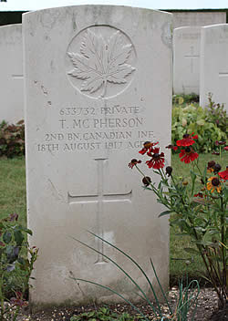 Grave of T Private McPherson killed in August 1917 in the Battle for Hill 70.