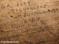 Carving on the tunnel wall by a soldier at the Wellington Quarry.