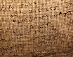 Carving on the tunnel wall by a soldier at the Wellington Quarry.