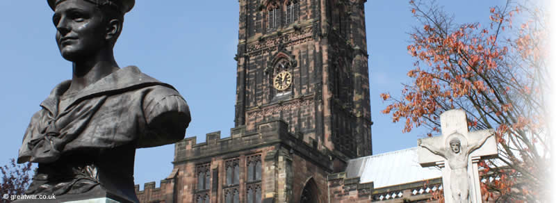 Memorial to Douglas Morris Harris, RNVR and 1914-1918 War Memorial near St. Peter's Church, Wolverhampton, England.