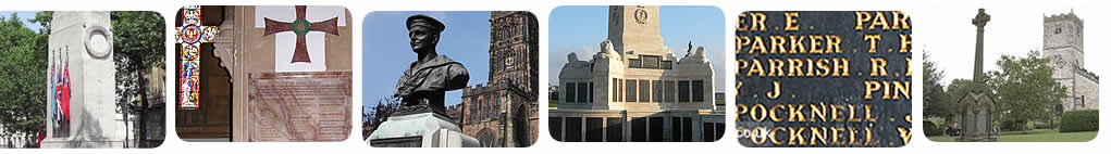WW1 memorials: The Cenotaph (Whitehall, London), Roll of Honour (Easthampstead, Berkshire), D M Harris, RNVR Memorial (Wolverhampton), Royal Naval Memorial to the Missing (Plymouth), War Memorial names (Rugeley, Staffordshire), War Memorial (Kirkby Lonsdale, Lancashire).