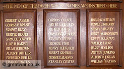 Names of men who fell in 1914-1918 commemorated on a wooden panel in the Holy Trinity Church, Bracknell, Berkshire.