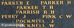 Names of some of the 117 men who fell in the 1914-1918 war on the Rugeley town memorial in Staffordshire.
