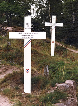 Crosses marking the place where two French soldiers were found and exhumed in 1973 at Le Linge in the Vosges mountains.