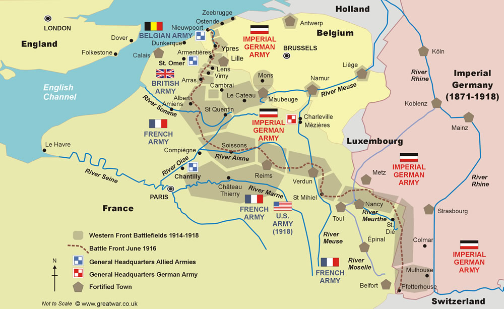 Map of The Western Front showing WW1 battlefield locations in Belgium and France.