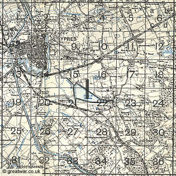 Section of Ypres area on Map sheet 28, square I, at 1:40,000 scale dated February 1917.