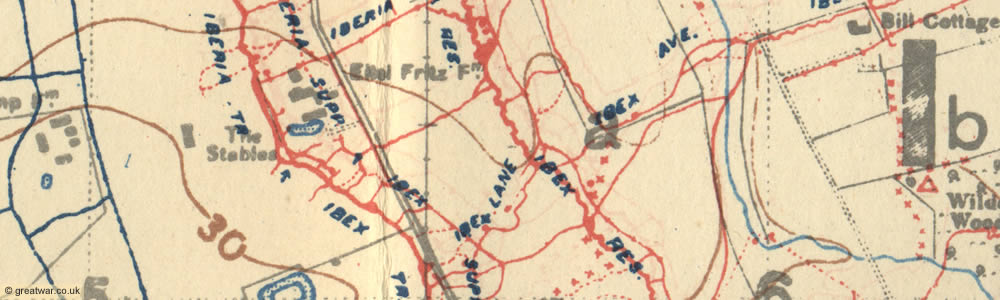 Trench Map 28 NW Edition 6A with trenches corrected to 30.6.17 showing trenches starting with the letter I in grid square I. Trench Map 28 NW Edition 6A.