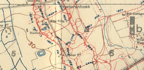 Trench Map 28 NW Edition 6A with 
					trenches corrected to 30.6.17 showing trenches starting with the letter I in grid square I.