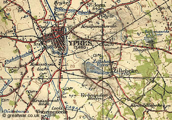 Section of Ypres area on Map sheet 5A at 1:100,000 scale dated 1915.