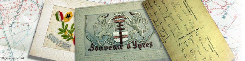 Collage of a trench map, two embroidered Souvenir d'Ypres cards and a postcard sent from a soldier in the Ypres Salient in 1917.