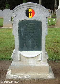Gravestone for Belgian soldier Alphonse Martens, who served with 28th Regiment and who died on 28 September 1918.