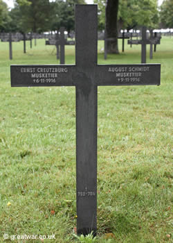 Cross for German soldiers Musketier Ernst Creuzburg who died on 6 November 1916 and Musketier August Schmidt who died on 9 November 1916.