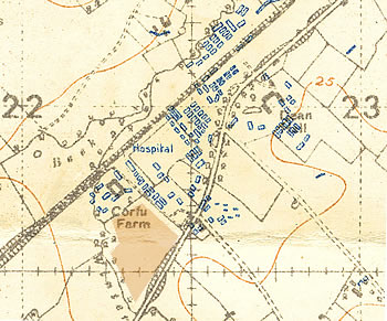 Section of Map sheet 27 NE Proven and Abeele (Eastern half) showing the hospital huts, railway line and Corfu Farm near Lijssenthoek.