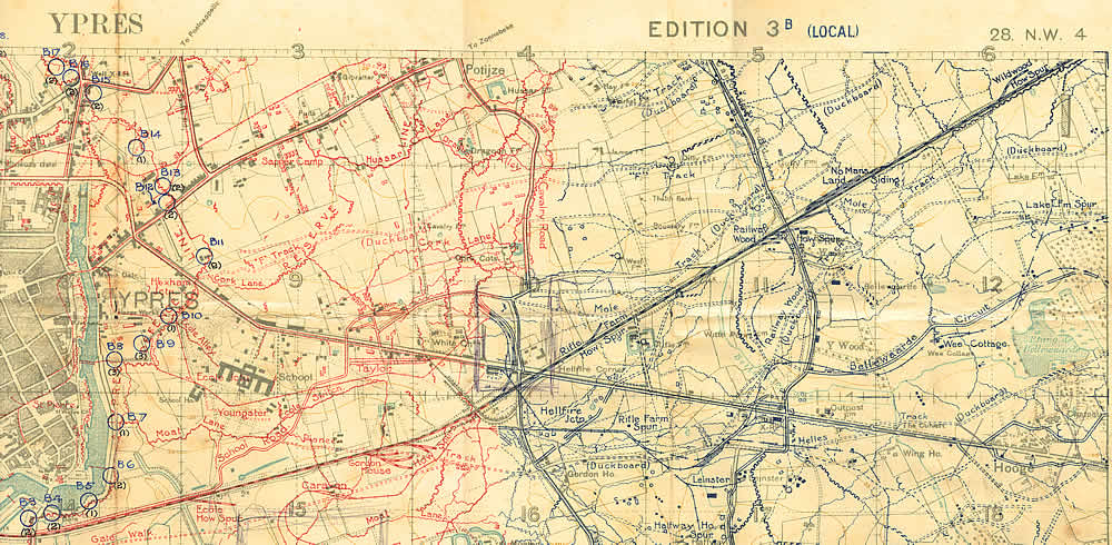 British Army Trench Map 28NW4, Edition 3B (Local), showing trenches corrected to 13 July 1918 and the furthest advance of the German Army east of Ypres.