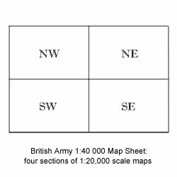 Diagram of the 1:40,000 scale map with the four sections of four 1:20,000 scale maps as NW, NE, SW and SE.