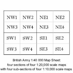 Diagram of the 1:40,000 scale map with the four sections of four 1:20,000 scale maps, each with four 1:10,000 maps in NW, NE, SW and SE.