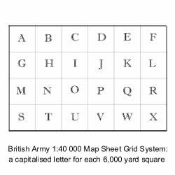 Diagram of the 1:40,000 scale map with the 6,000 yard 
	  squares and their alphabetical references from A to X.