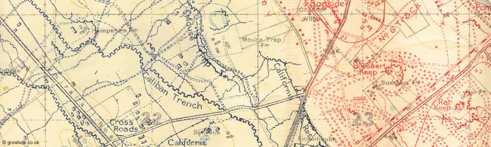Section from British Army WW1 trench map number 28 NW2 dated 13 May 1918 showing the area north of Wieltje in the Ypres Salient. The blue overprinted markings are British and the red markings are the German trench lines and defences. British Army WW1 trench map number 28 NW2 dated 13 May 1918.