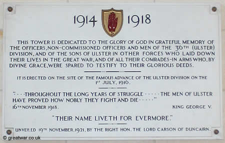 Plaque inside the Memorial Room in the Ulster Memorial Tower.