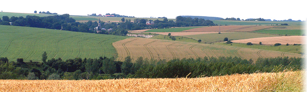 View of the Ancre river valley from the southern bank looking north-west towards Beaumont Hamel on the Somme WW1 battlefield.