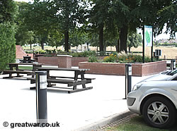 Picnic benches at the Information Centre for Delville Wood Memorial and Museum.