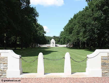 View of the Memorial, looking north along the central ride towards the centre of Delville Wood.