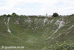 The huge Lochnagar Mine Crater on the Somme battlefield, France.