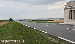 Looking south-west towards Albert along the D929 at Pozieres Memorial and British Cemetery.