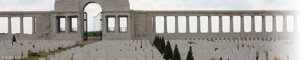 Looking east to the entrance gate at Pozieres British Cemetery.