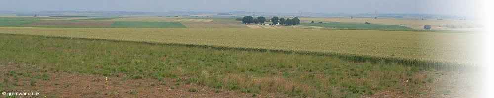 View looking north from the Pozières windmill memorial. Courcelette British Cemetery can be seen in the middle distance. View to the north from the Pozieres windmill memorial.