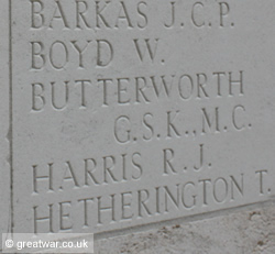 Name of Lieutenant George Butterworth, MC. He was killed and missing in action on 5 August 1916 near Pozieres.