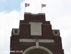 The British Union Jack and the French Tricolore fly on the Thiepval Memorial to the Missing.