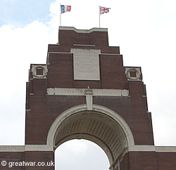 The British Union Jack and the French Tricolore fly on the Thiepval Memorial to the Missing.