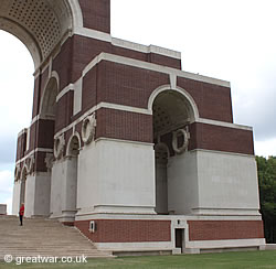 The eight piers forming the base of the northern side of the Anglo-French arch of the Thiepval Memorial.
