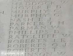 Name of T H Parker on Thiepval Memorial.