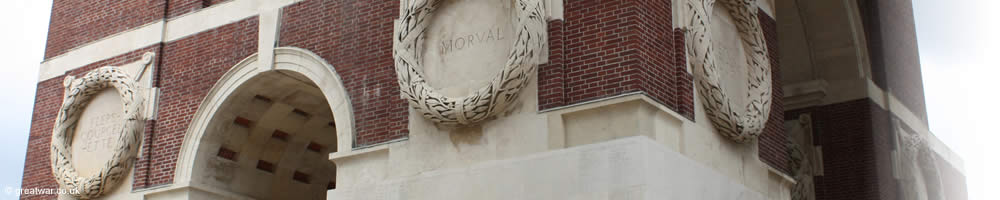 Sculpted wreaths on the Thiepval Memorial naming the battles of the Somme 1916.