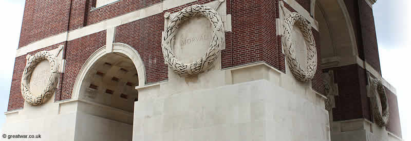 Sculpted wreaths on the Thiepval Memorial naming the battles of the Somme 1916. Sculpted wreaths on the Thiepval Memorial naming the battles of the Somme 1916.