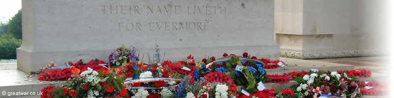 Wreaths placed at the Thiepval Memorial to the Missing during a commemorative ceremony to mark the anniversary of 1 July 1916 Battle of the Somme.