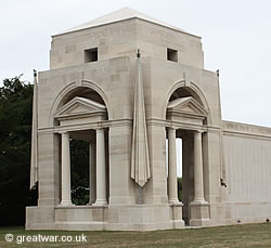 The portico at the northern end of the memorial wall at the Villers-Bretonneux Memorial.