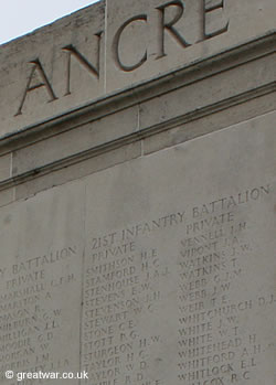 Battle honour inscription for the Battle of the Ancre and names of the missing below it on the memorial wall at Villers-Bretonneux Memorial.