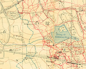 Section from British trench map 28NW4NE3, showing Hooge on the Menin Road, Railway Wood and Chateau Wood. Trench lines marked in red are German.