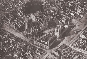 Aerial photograph showing significant artillery damage to the buildings in Ypres.