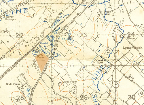 Trench map 27 NE showing Lijssenthoek Casualty Clearing Stations at 11-06-1918.