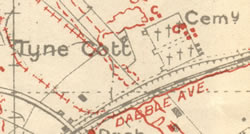  Section of a British Army trench map showing the location of the small building named 'Tyne Cott' near to the north-west corner of a large German 
			military burial ground.