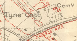  Section of a British Army trench map showing the location of the small building named 'Tyne Cott' near to the north-west corner of a large German 
			military burial ground.